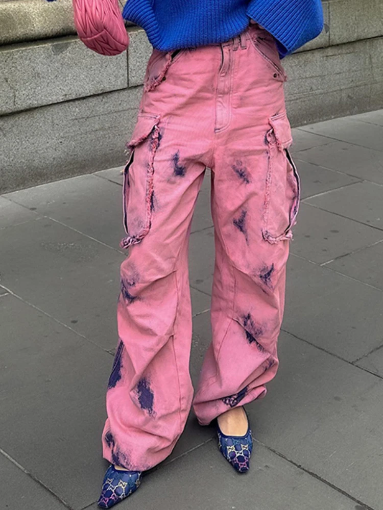 

WeiYao Chic Graffiti Printed Pink Pocket Wide Leg Jeans Female Y2K Punk Hip Hop Loose Fashion Trouser Streetwear Raw Edge Pants