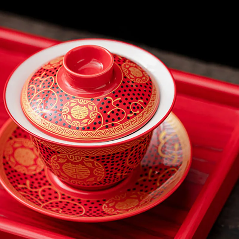 Gaiwan 2 Suits Porcelain Teacups, 200ml Cups, Chinese Double Happiness Cover, Bowl Saucer for Red Wedding Party, Marriage Supp