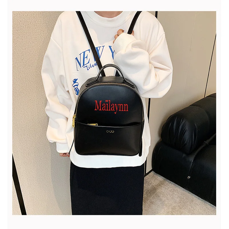 Embroidered Name Women's Retro Backpack PU Soft Leather Casual Outdoor Backpack Fashionable and Simple Backpack 3