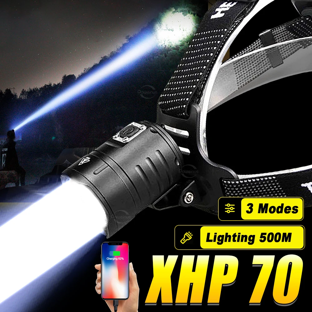 XHP70 Powerful LED Headlamp Long Range 3*18650 Headlight Rechargeable Head Flashlight High Power Outdoor HeadLamp Fishing Light