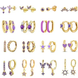 925 Sterling Silver Needle Gold Purple Zircon Crystal Hoop Earrings for women High-Quality Piercing INS Earrings Fashion Jewelry