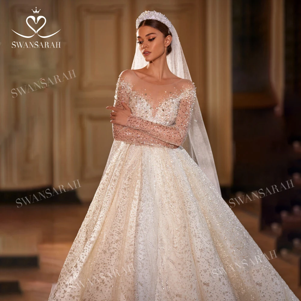 Crystal Long Sleeve Wedding Dress 2023 Shiny Ball Gown Court Train