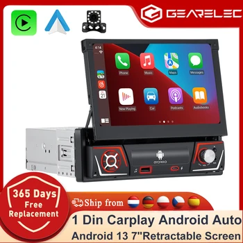 Radio para Auto GEARELEC 1 DIN, Android Carplay Universal, Pantalla Retráctil IPS de 7 Pulgadas, Navegación GPS, Reproductor Multimedia Android 14, Pantalla Carplay 1