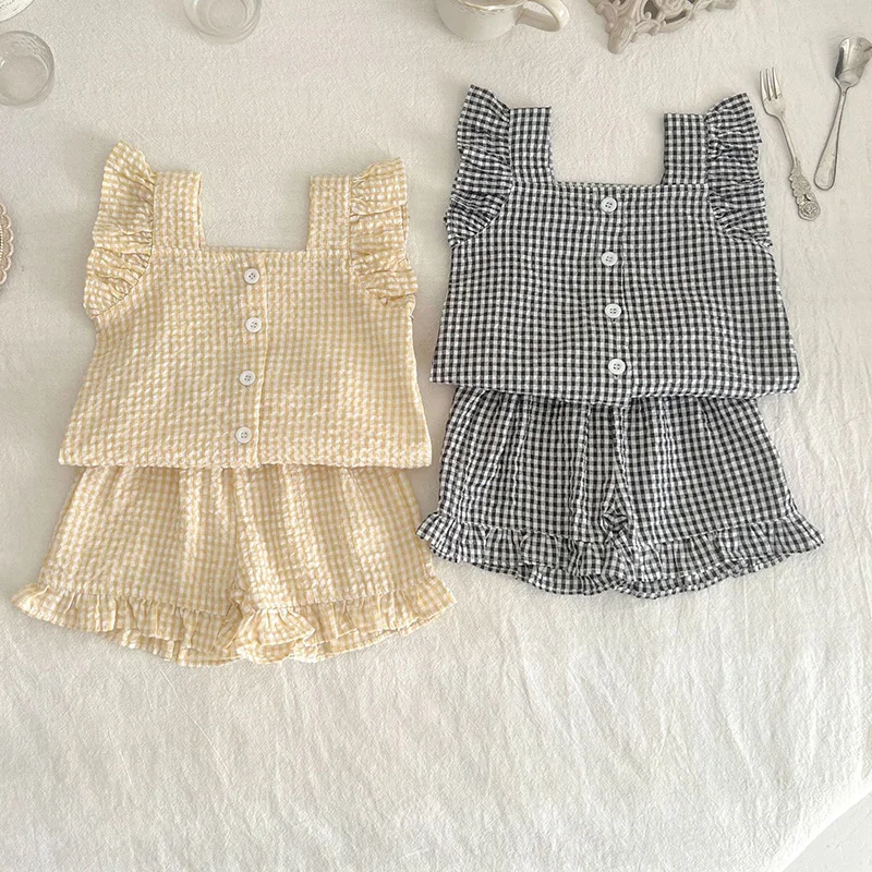

Summer Infant Baby Girls Clothing Set Sleeveless Cotton Plaid Shirt+Shorts 0-3Yrs Toddler Baby Girl Clothes Suit