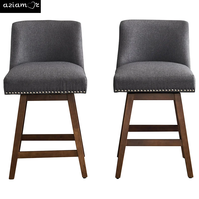 26" Upholstered Swivel Bar Stools Set of 2, Modern Linen Fabric High Back Counter Stools with Nail Head Design and Wood Frame