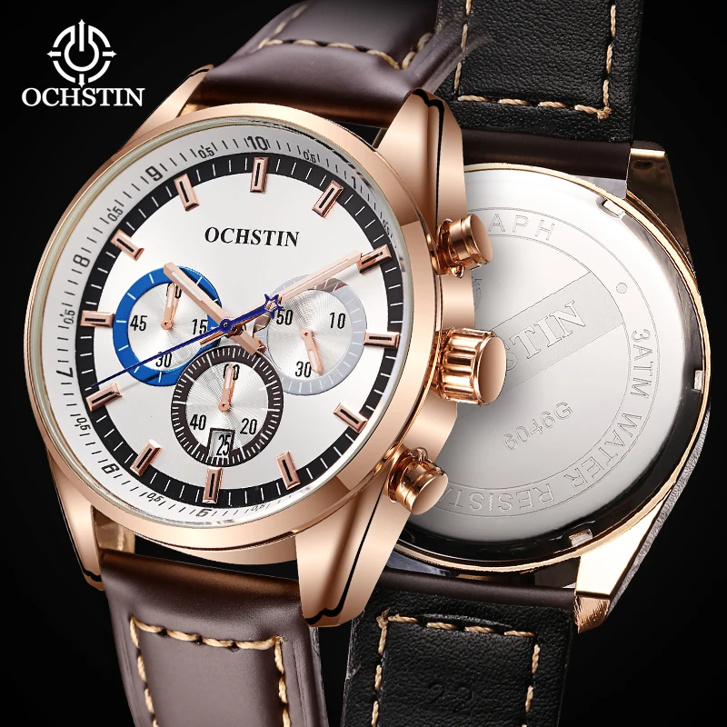 

OCHSTIN Man Wristwatch Waterproof Military Elegant Date Week Chronograph Luminous Business Sport Leather Male Clock Quartz Watch