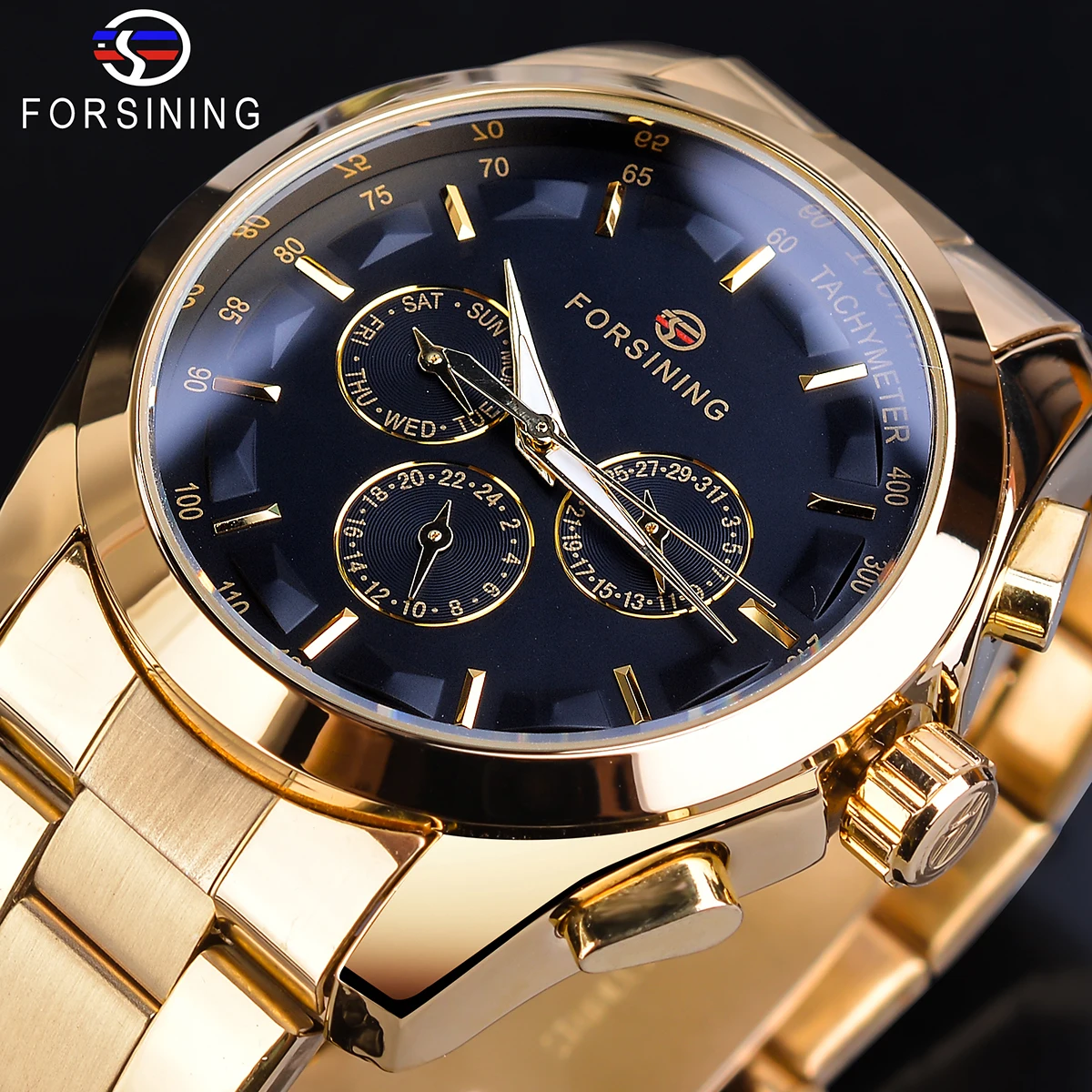 Forsining Black Business Mechanical Men Watch Automatic 3 Sub Dial Date Golden Steel Band Dress Wristwatch Clock Hour Time Reloj_voghion.com
