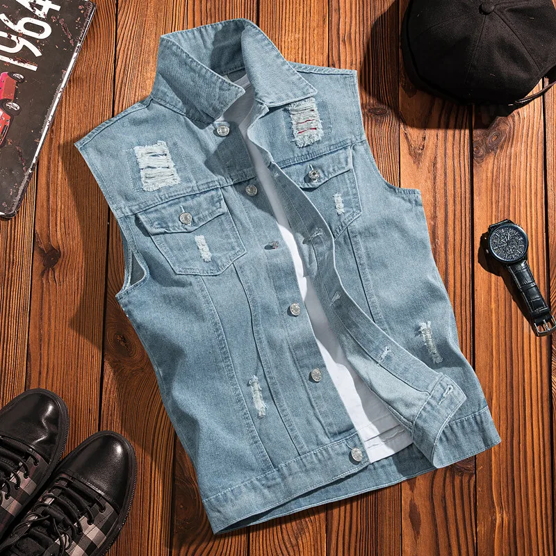 New 2024 Spring Autumn Men Lapel Denim Vest Mens Casual Sleeveless Jeans Jacket Male Streetwear Solid Color Waistcoat D706 3