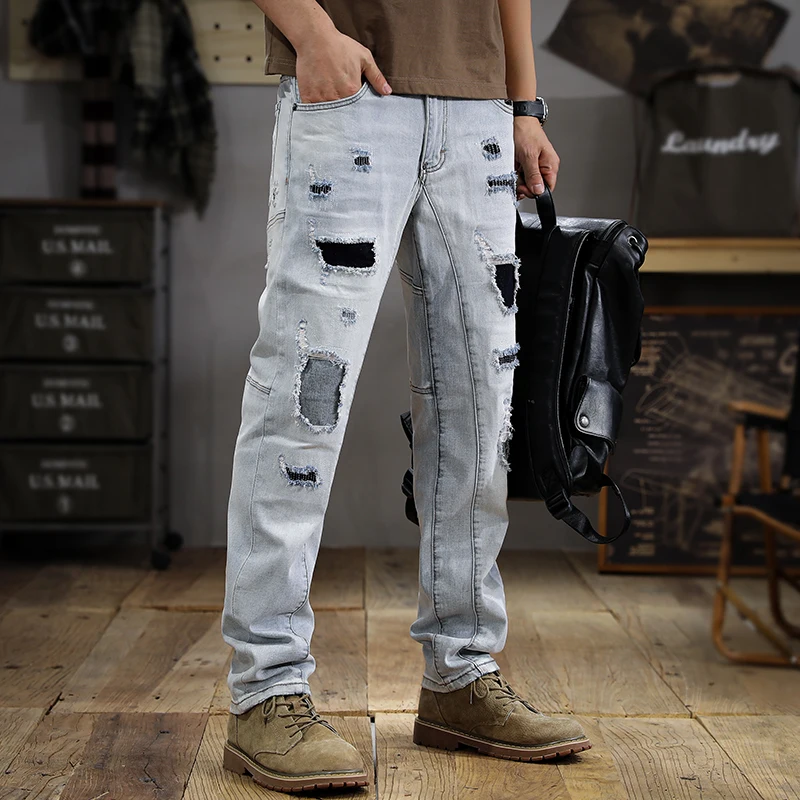 

Summer Washed Wear-White Ripped Jeans Men's Slim Fit Straight Ankle-Tied Vintage Trendy Casual Street Motorcycle Trousers