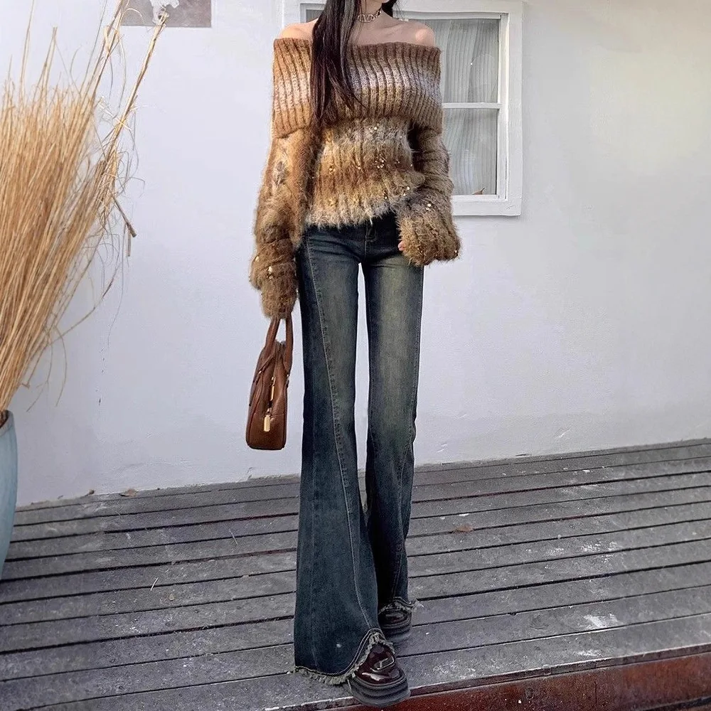 Cement gray high-waisted flared jeans for women, slim fit, stretchy, slimming bell-bottom pants for petite figures 4