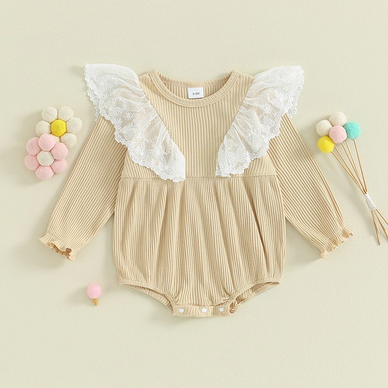 

Newborn Infant Baby Girls Romper Ruffled Lace Solid Long Sleeve Ribbed Bodysuit Jumpsuit Princess Clothes