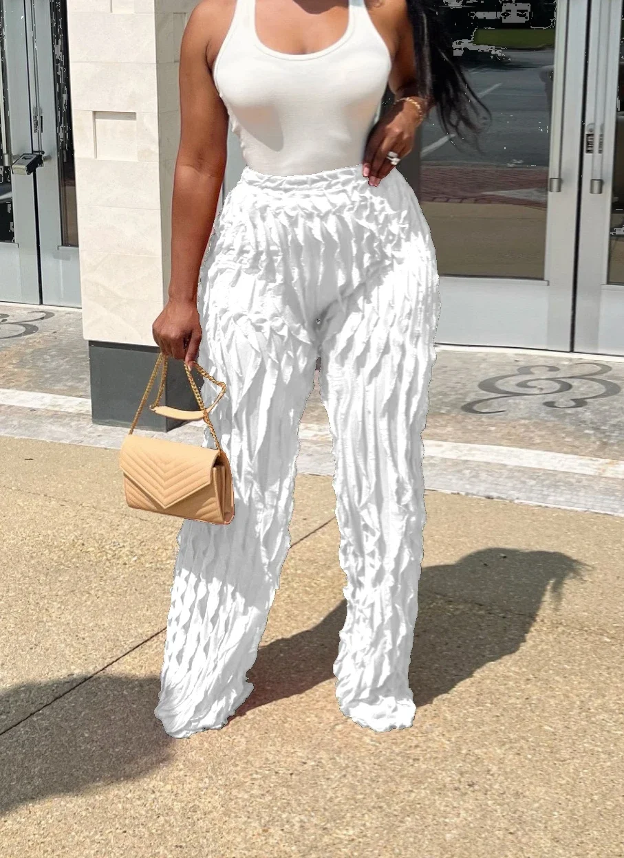 2024 New Women Wave Ruffles Splicing Wide Leg Pants Fashion Autumn Streetwear See Though Trousers Women Clothing