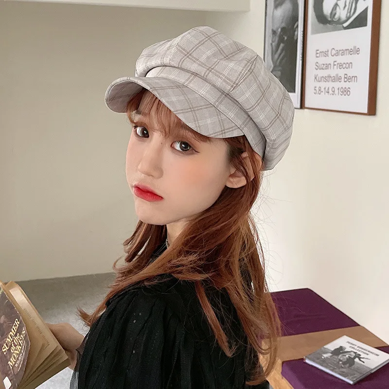Women Beret Spring Summer Korean Style Striped Octagonal Cap Plaid Newsboy Cap Sun Hat