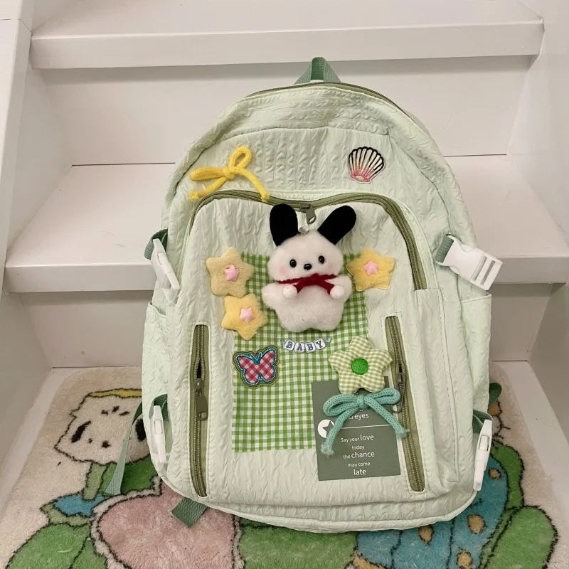 2024 Green Dog Flower Butterfly Plaid Backpack Casual Big Capacity Schoolbag Handbag Student Leisure Travel Backpack