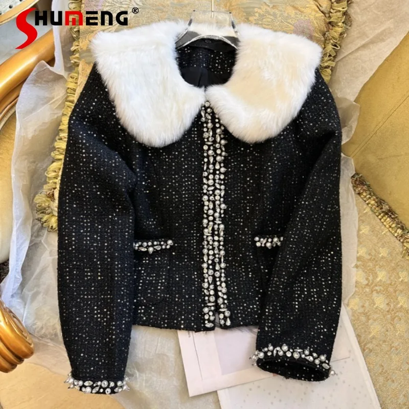 

2023 Autumn And Winter Women's Jacket Short Sequined Fur Collar Heavy Industry Rhinestone Sequined Coarse Woolen Coat Top Jacket