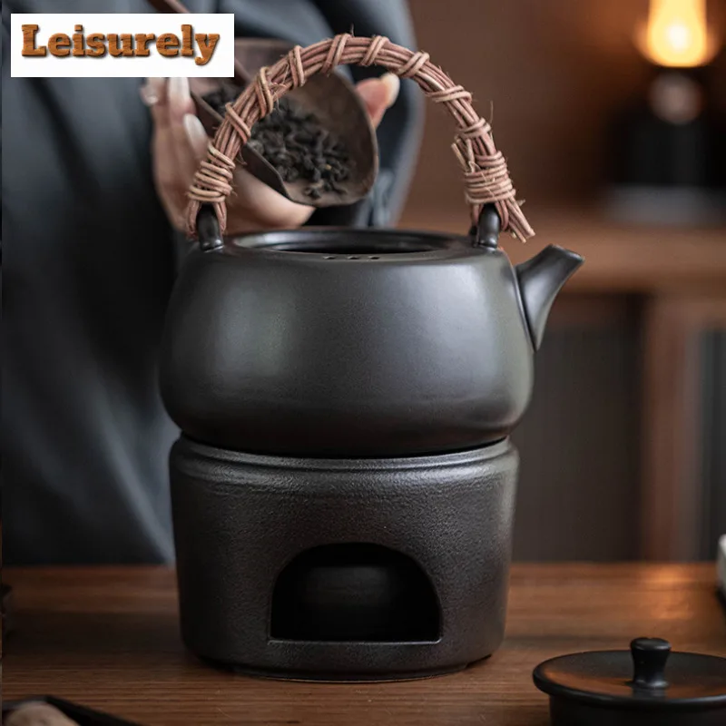 600ML Handmade Kiln Change Red Ceramic Teapot Rattan Weaving Lifting Handle Pot Boling Water Kettle Fot Tea Stove Kung Fu Teaset