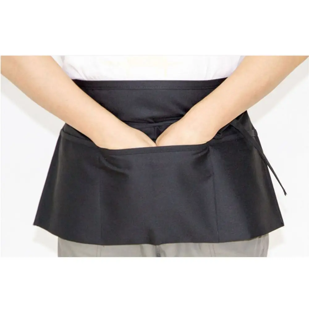 Fashion Short Small Apron 3 Pockets Waist Apron Black Waterproof Waitress Half Apron