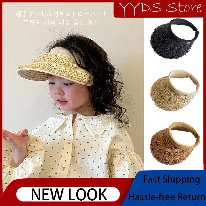 Children Straw Woven Empty Top Hat Straw Fringed Parent-child Hairband Empty Top Shade Straw Hat Summer Sun Hat