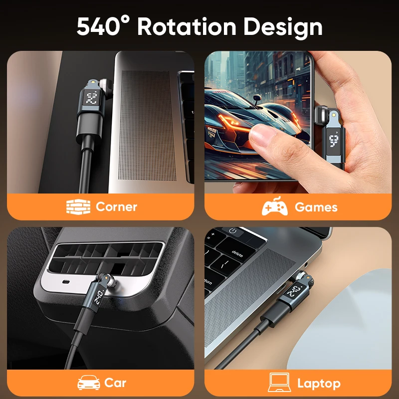 NNBILI 540 회전 OTG 어댑터 디지털 디스플레이 PD240W 고속 충전 USB C(수) - Type C(암) 변환 컨버터 아이폰 17 맥북용