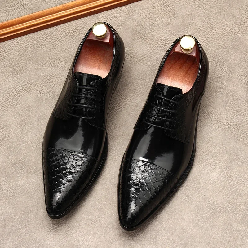 Men's Business Dress Shoes Genuine Leather Prom Wedding Shoes Large Size EUR37-46 Black Light Brown Blue Wine Red
