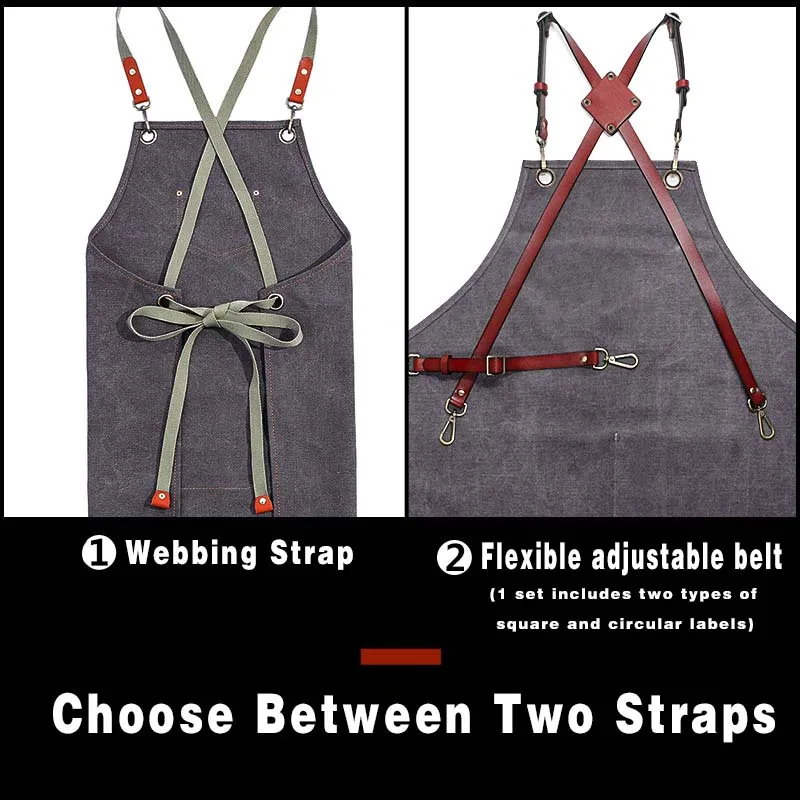 Custom Logo Canvas Kitchen Hairdresser Catering Baking Thickened Work Uniform Multiple Pockets Hanging Ring Leather Straps Apron