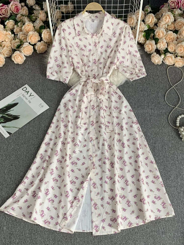 

Женское однобортное платье-трапеция с отложным воротником и длинными рукавами, летнее богемное платье для отпуска с высокой талией