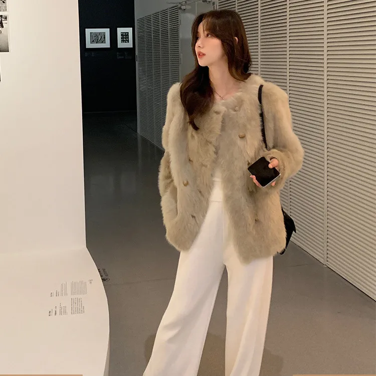 

2023 Fashion Imitation Fox Hair Coat Women Winter Warm Luxury Fur Jacket Outwear Female Vest Coats Double Breasted O-neck C54