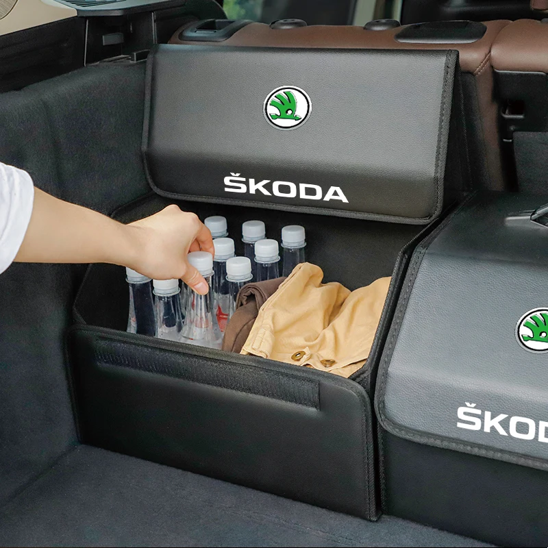 Car Leather Organizer Bag Foldable Trip Storage Box For Skoda Octavia Superb Rapid Kodiaq Karoq