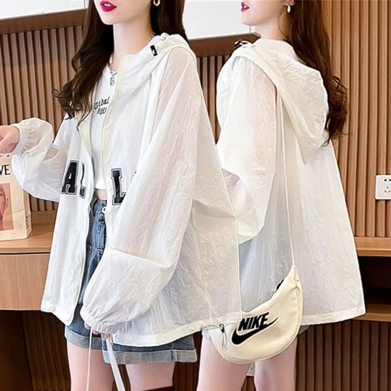 Women's Cardigan Top Hooded Jackets for Woman Woman Clothing Breathable Sun Protection Thin New Summer Design Sense Letters