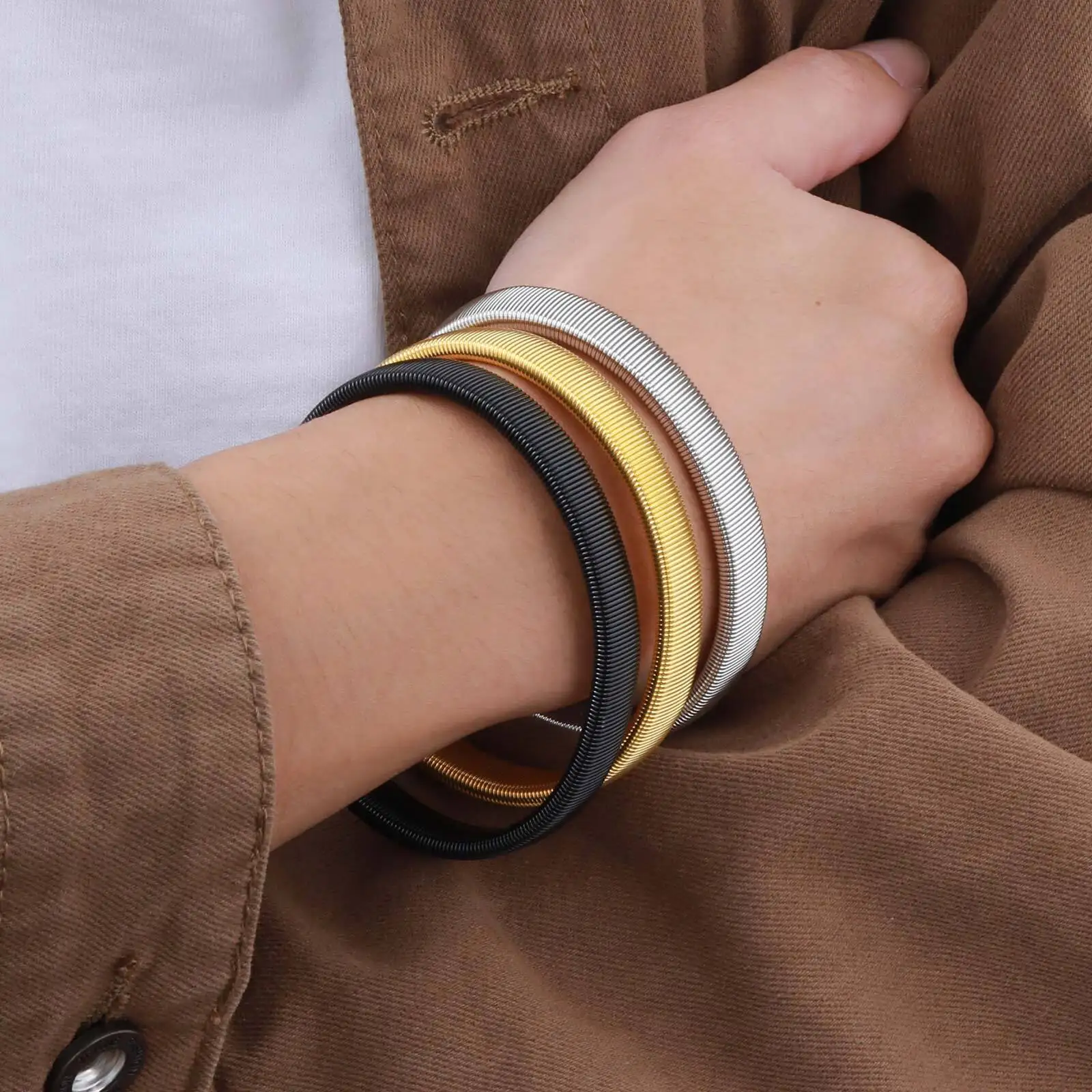 Classic Fashion Pop Punk Men's Spring Elastic Stainless Steel Bracelet Arm Ring Sleeve Hoop Jewelry Gift For Dad Valentine's Day 3