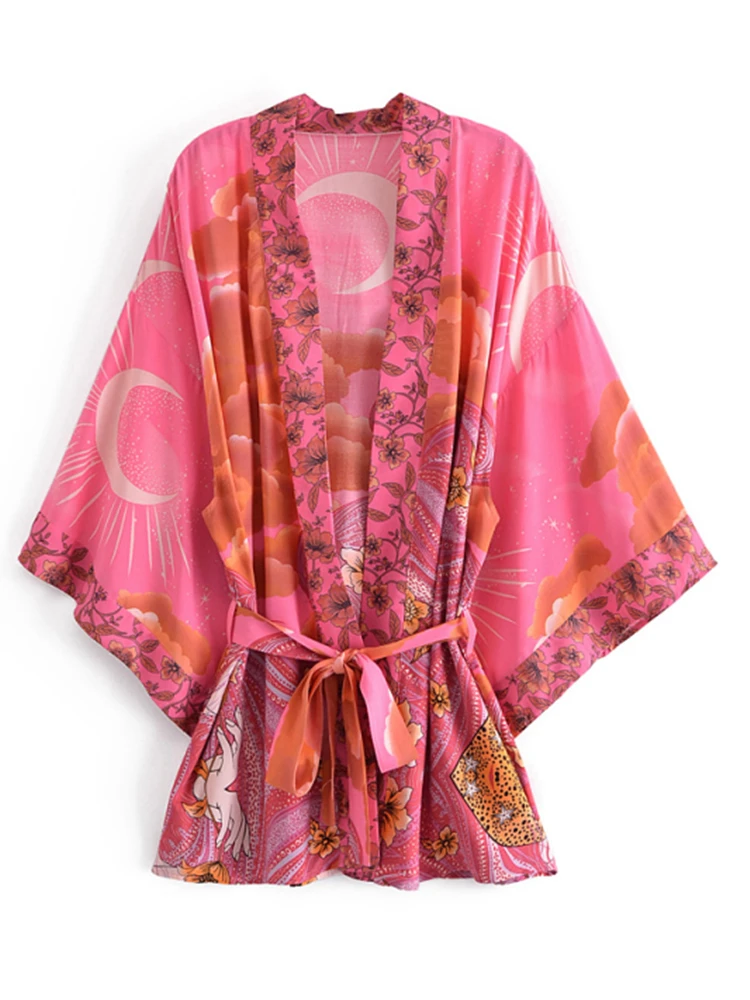 Boho 빈티지 스타와 달 꽃 프린트 새시 여성 보헤미안 V 넥 Batwing 슬리브 Happie 짧은 가운 기모노 드레스 커버 업