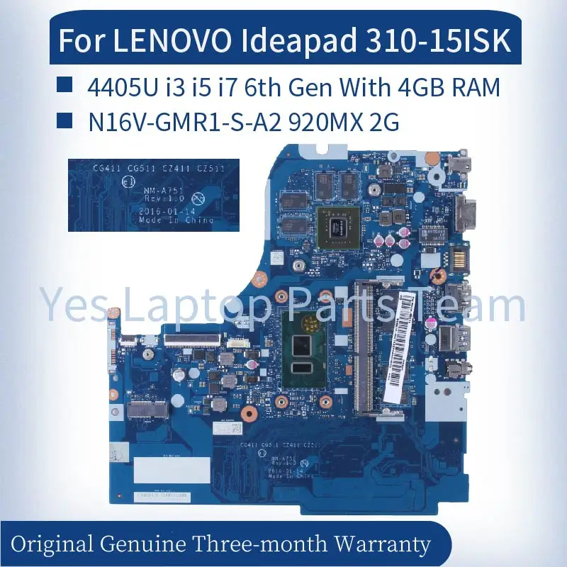 

NM-A751 For LENOVO Ideapad 310-15ISK 510-15ISK 510-15IKB 4GB Laptop Mainboard 4405U i3 i5 i7 6th 920MX 2G Notebook Motherboard