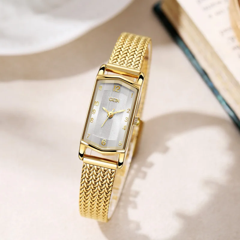 2024 New Fashion Gedi Top Brand Luxury Gold Mesh Steel Vintage Rectangular Luxury Elegant Waterproof Ladies Quartz Gifts Watches 3
