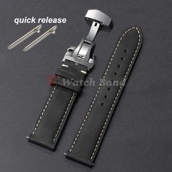 Premium Genuine Calfskin Leather Watchband with Butterfly Buckle - Brown Strap for 22mm (Black)