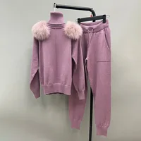 Women's Winter Knitted Sweater Pants Set Lady Fashion Tracking Suit Sweater Fox Fur Shoulder Stand Collar Pullover 1