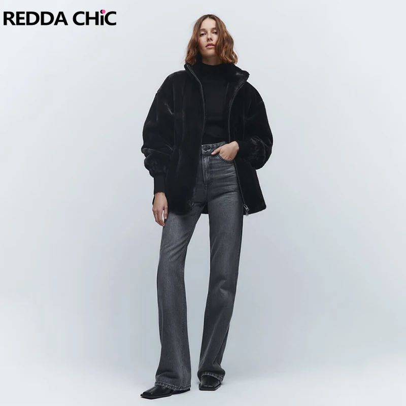 

ReddaChic Turtleneck Puffy Faux Fur Women's Coat Black Plain Loose Long Sleeves Warm Winter Outwear Grayu Harajuku Plush Jacket