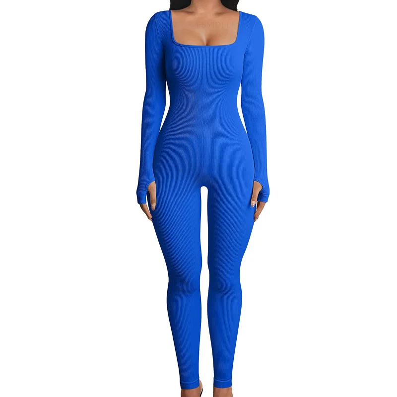 Jumpsuits for Women Black Sexy Tight One Piece Bodycon Rompers Ribbed Square Long Sleeve Overalls Fitness Yoga Jumper Mujer H212