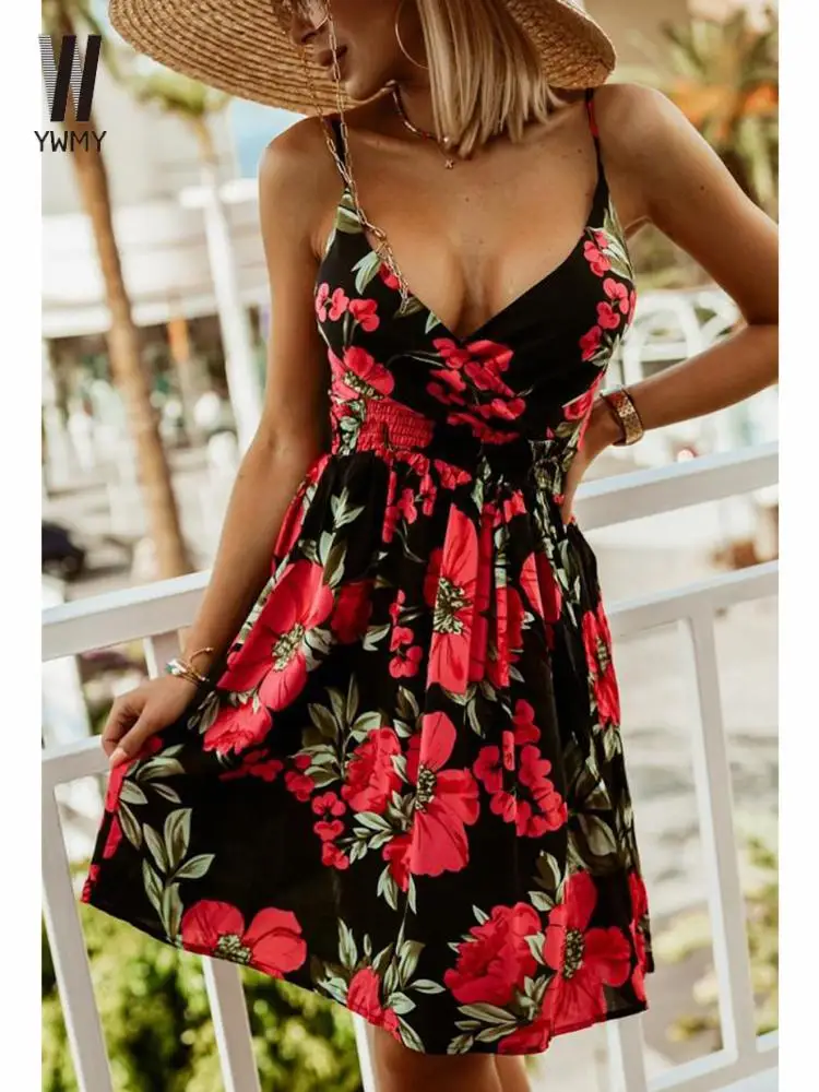 

Summer Women's Dress Sexy V-Neck Flower Printed Camisole Dress High Waist Slim Fit Sleeveless Party Dress Female Elegant Robe