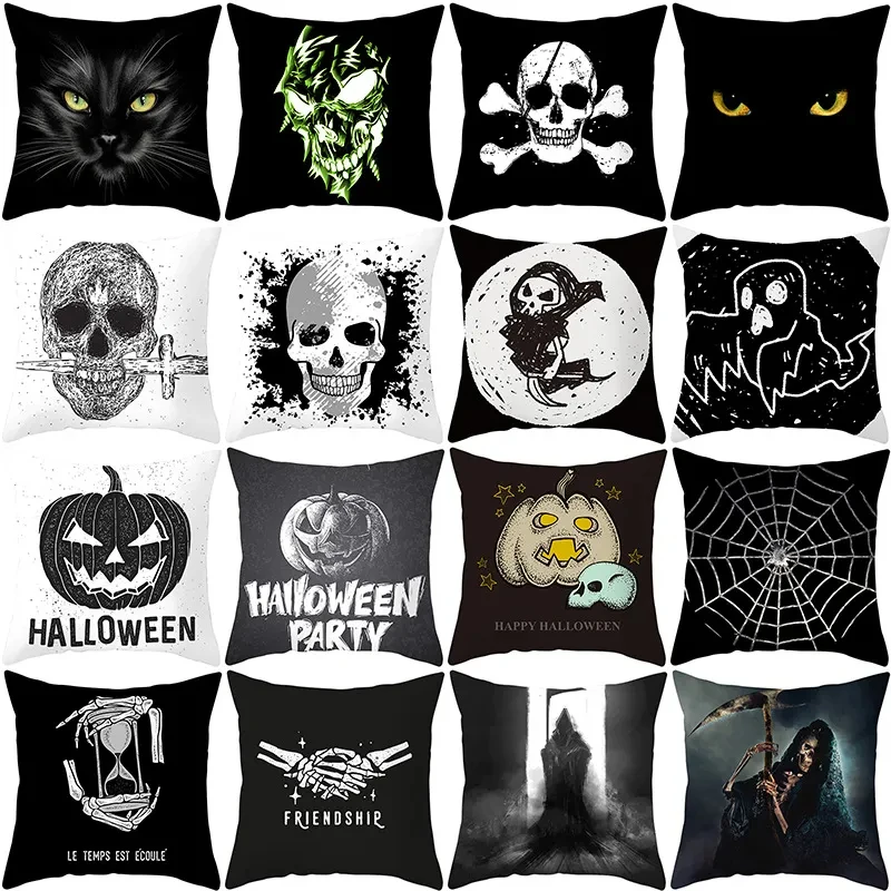 

Halloween Skull Pillow Case Home Car Cushion Cover Cojines 45x45 Black and White Cushion CoverOffice Car Seat Pillowcase DF671