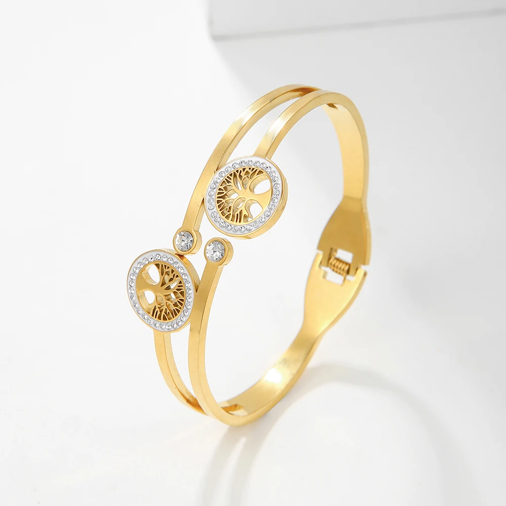 Boho Trend Life Tree Charm Bangle for Women No Fade Color Stainless Steel Cubic Zircon Bangles Luxury Gift Cuff Jewelry 4