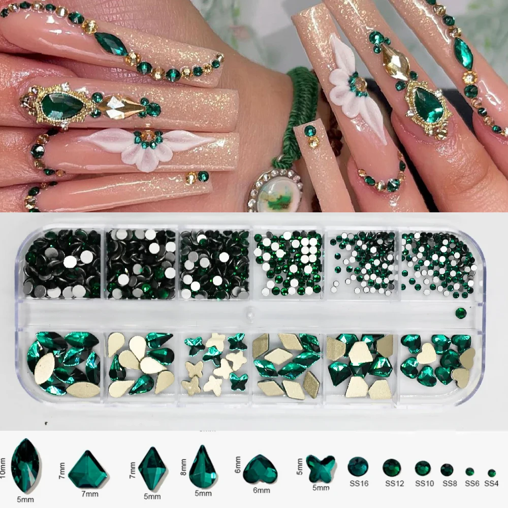 

12Grids/Box Emerald Green Nail Rhinestones Crystals Nail Art Flat Back Round Multi Sized Shapes Green Gems Rhinestone Stones