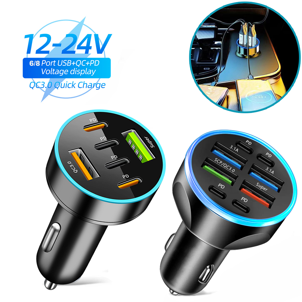 8/6 Ports Car Charger Fast Charging PD QC3.0 USB Type C 250W Fast Charging Car Mobile Phone Adapter  For iPhone Samsung Huawei