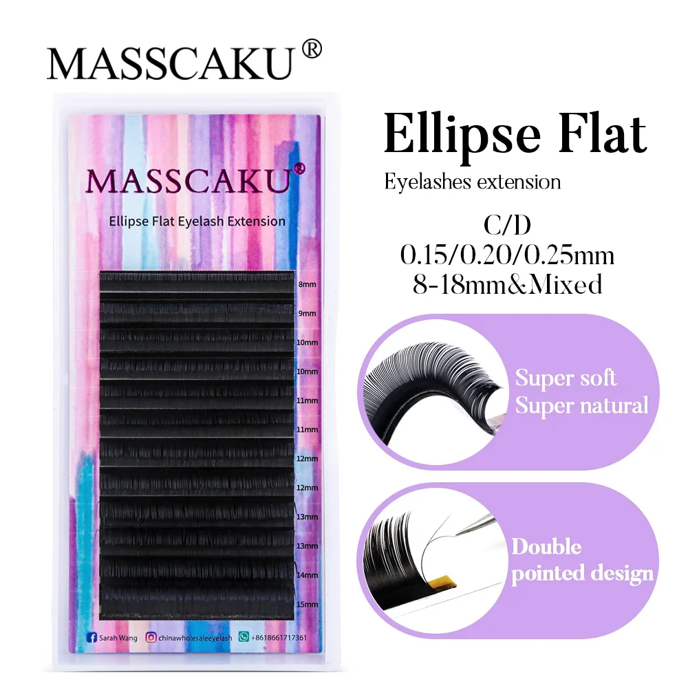 

MASSCAKU Fast Ship 12rows Ellipse Flat Split Tips Natural Extension Individual Double tips Mink Flat Eyelashes Soft Eyelashes