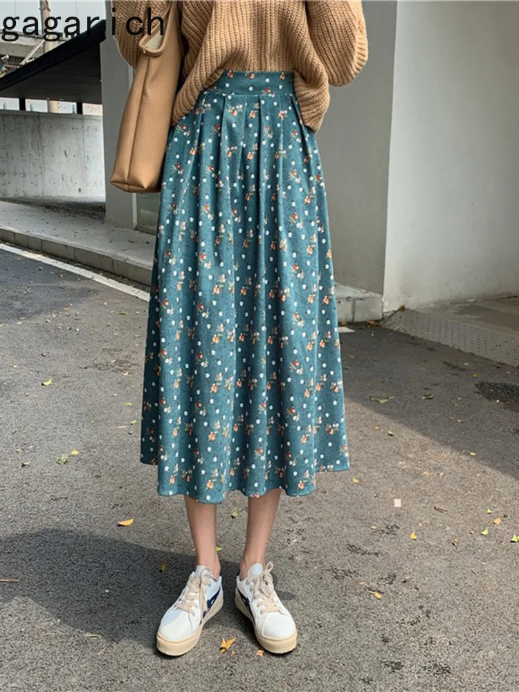 Gagarich Retro Floral Skirt 2022 Autumn Winter Korean Style Corduroy