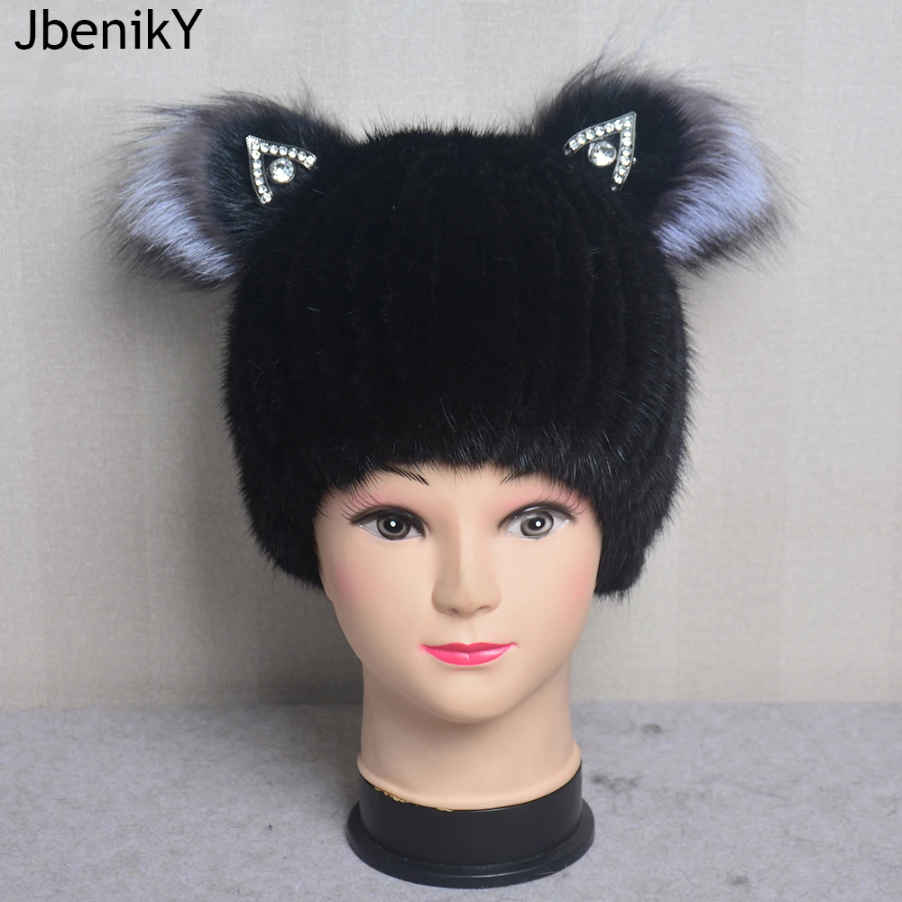 

New Fashion Good Quality Female Winter Women's Vertical Weaving Hat Genuine Natural Fox Mink Fur Cap Lovely Cat Ears Style Hats