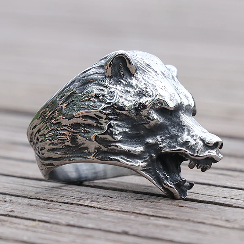 Cool Viking Bear Head Ring Men's Slavic Bear Berserk Stainless Steel Biker Rings Male Punk Animal Ring Nordic Amulet Jewelry