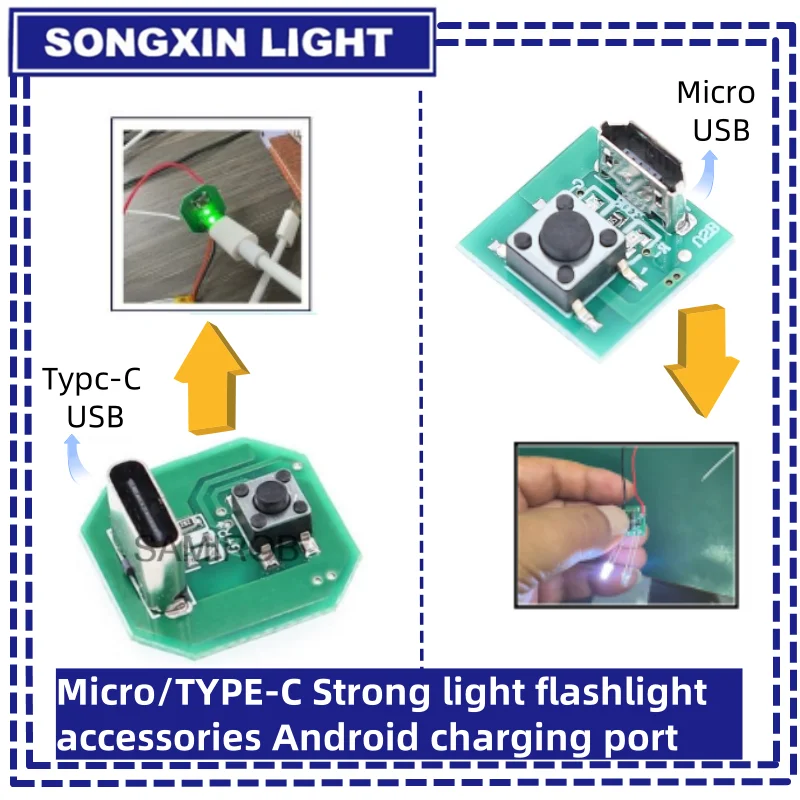 SAMIROB – lampe de poche à lumière forte, accessoires Android Micro/type-c, port de chargement, interrupteur tactile, 1 ou 2 jeux d'utilisation de led, vente en gros