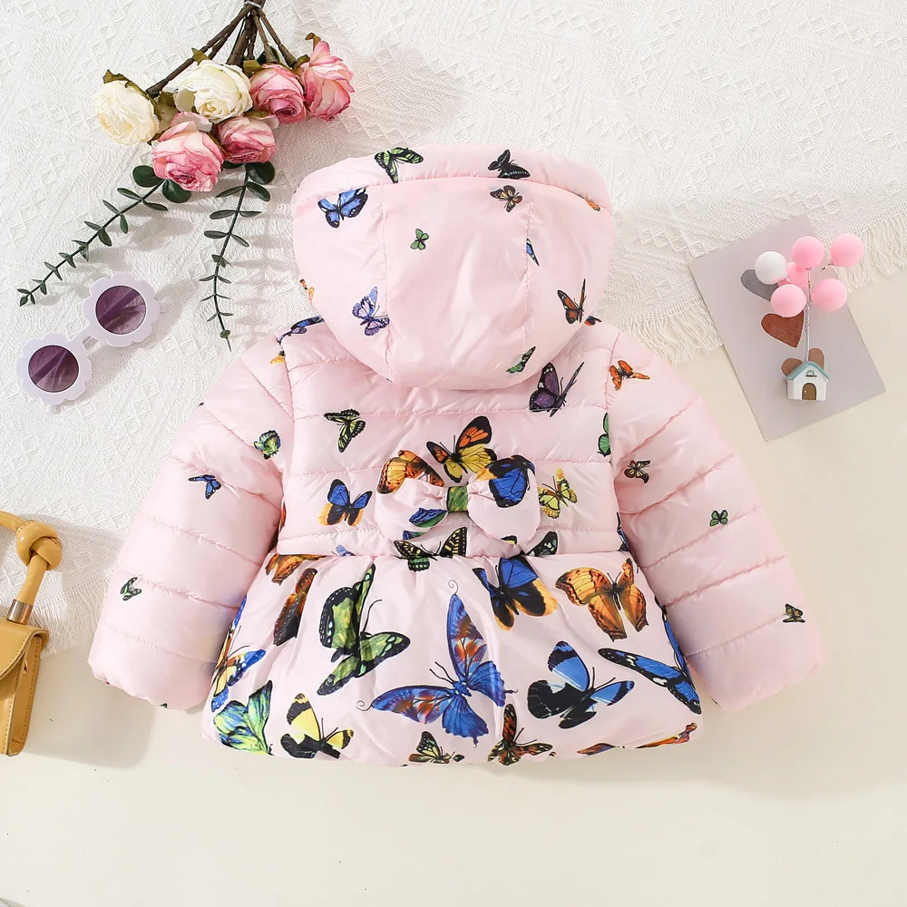 Girls Winter Cotton Jacket Thickened Warm Butterfly Printed Hooded 0-3 Years