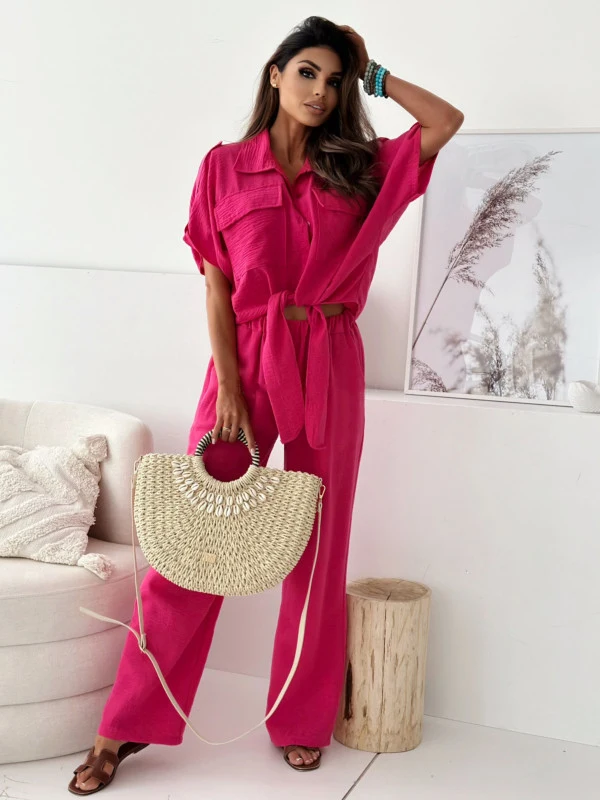 Summer Female Casual Clothes Set Bat Sleeve Turn-down Collar Short