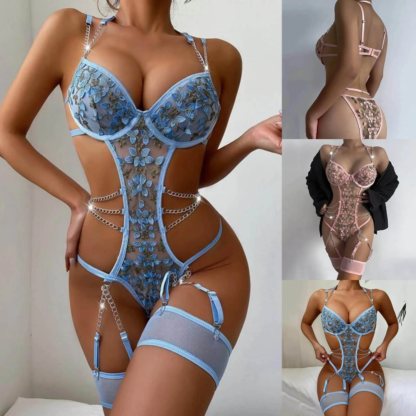 

Sexy Lingerie For Women's Floral Embroidery Gauze Open Waist Hollow Lacing Fun One Piece Dress Fancy Underwear Bra Bodysuits